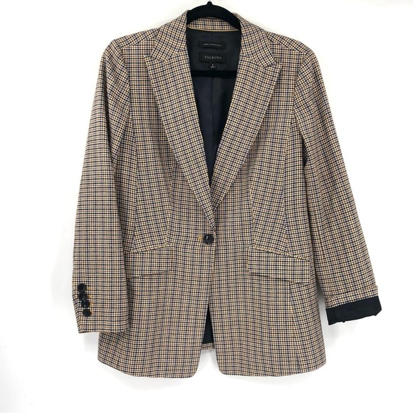 TALBOTS Houndstooth Glen Plaid Blazer Jacket 8 Wool Blend Single Button Oversize